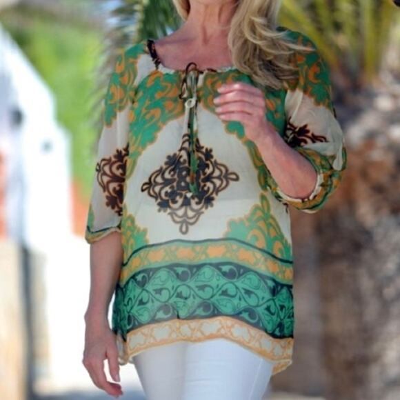 Hale Bob Tops - Hale Bob‎ 100% Silk half balloon sleeve sheer scoop neck size large Tunic blouse